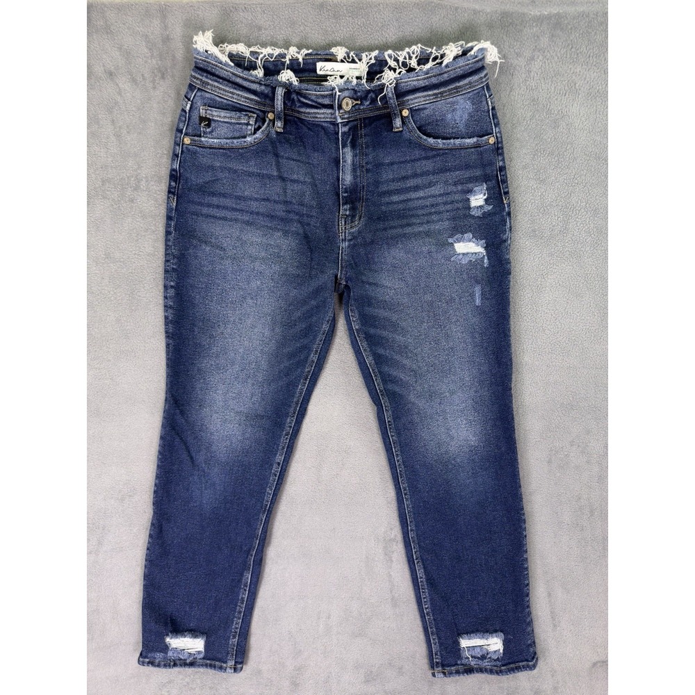 KanCan Jeans Womens 28 Blue Ripped Denim Hi Rise Rolled Hem Boyfriend Dark Wash